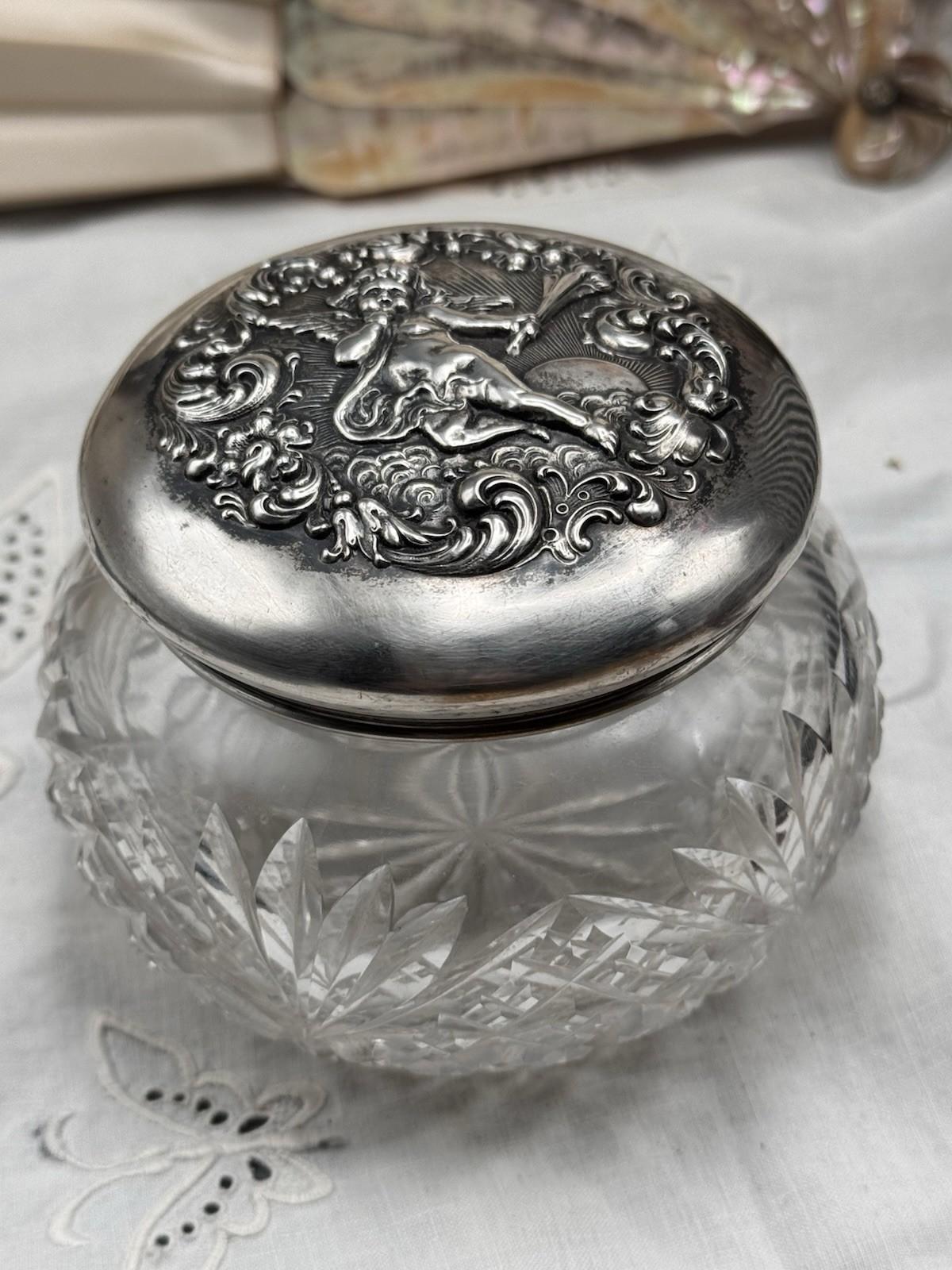 Sterling Cherub Dresser Jar Cut Crystal Vanity Box 4 In Art Nouveau
