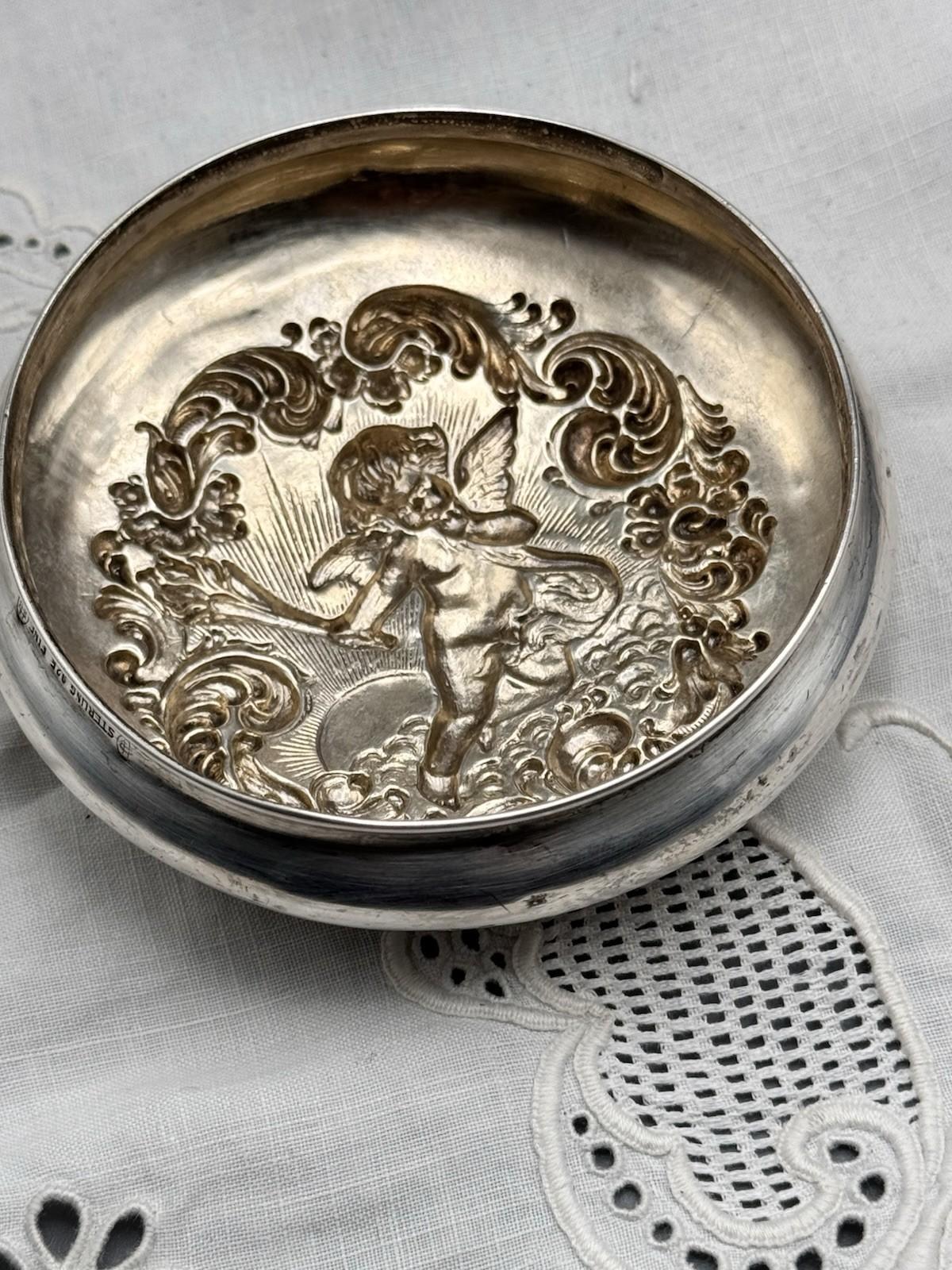 Sterling Cherub Dresser Jar Cut Crystal Vanity Box 4 In Art Nouveau