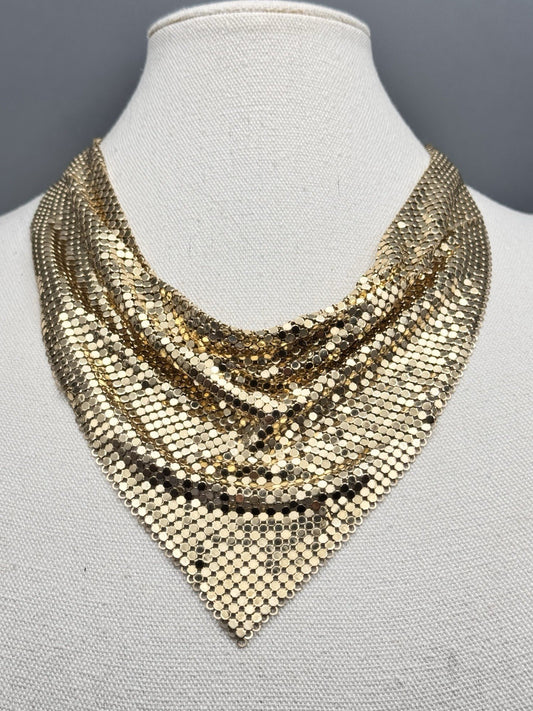 Whiting Davis Necklace Goldtone Mesh Bib 18” 7” Drop Vintage