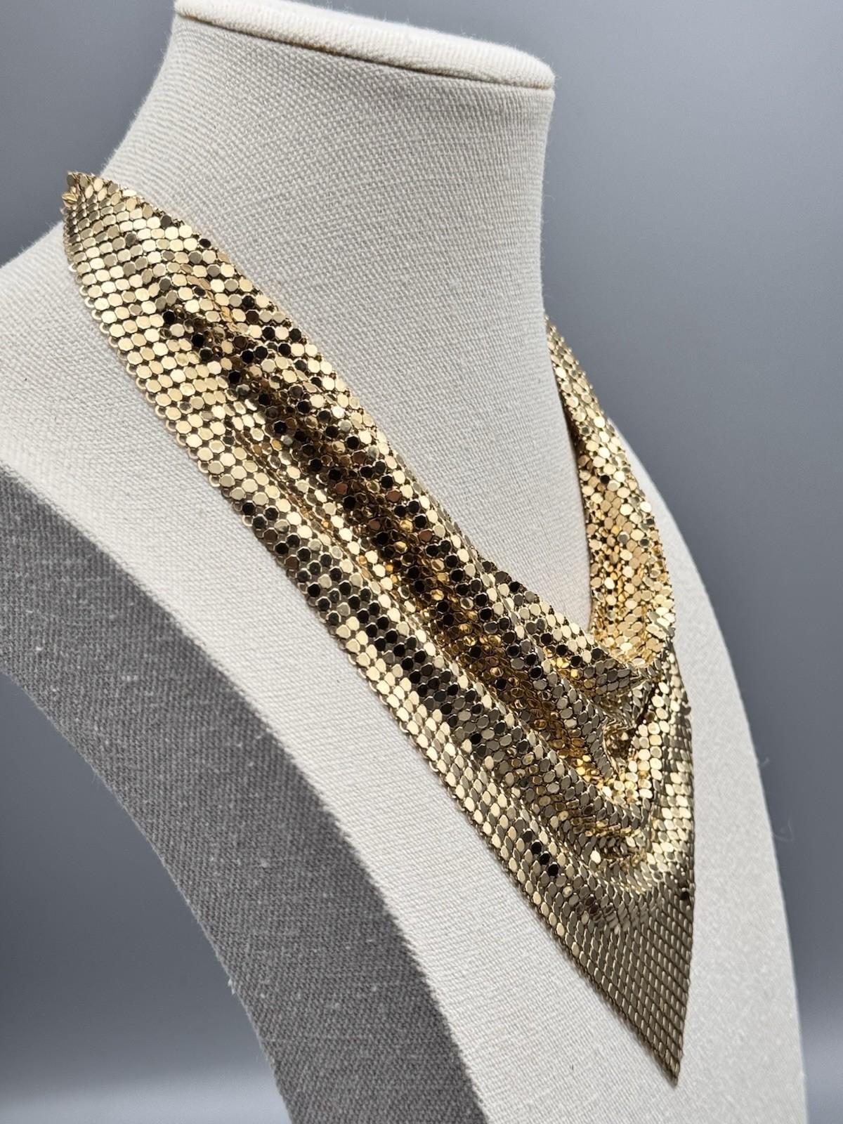 Whiting Davis Necklace Goldtone Mesh Bib 18” 7” Drop Vintage