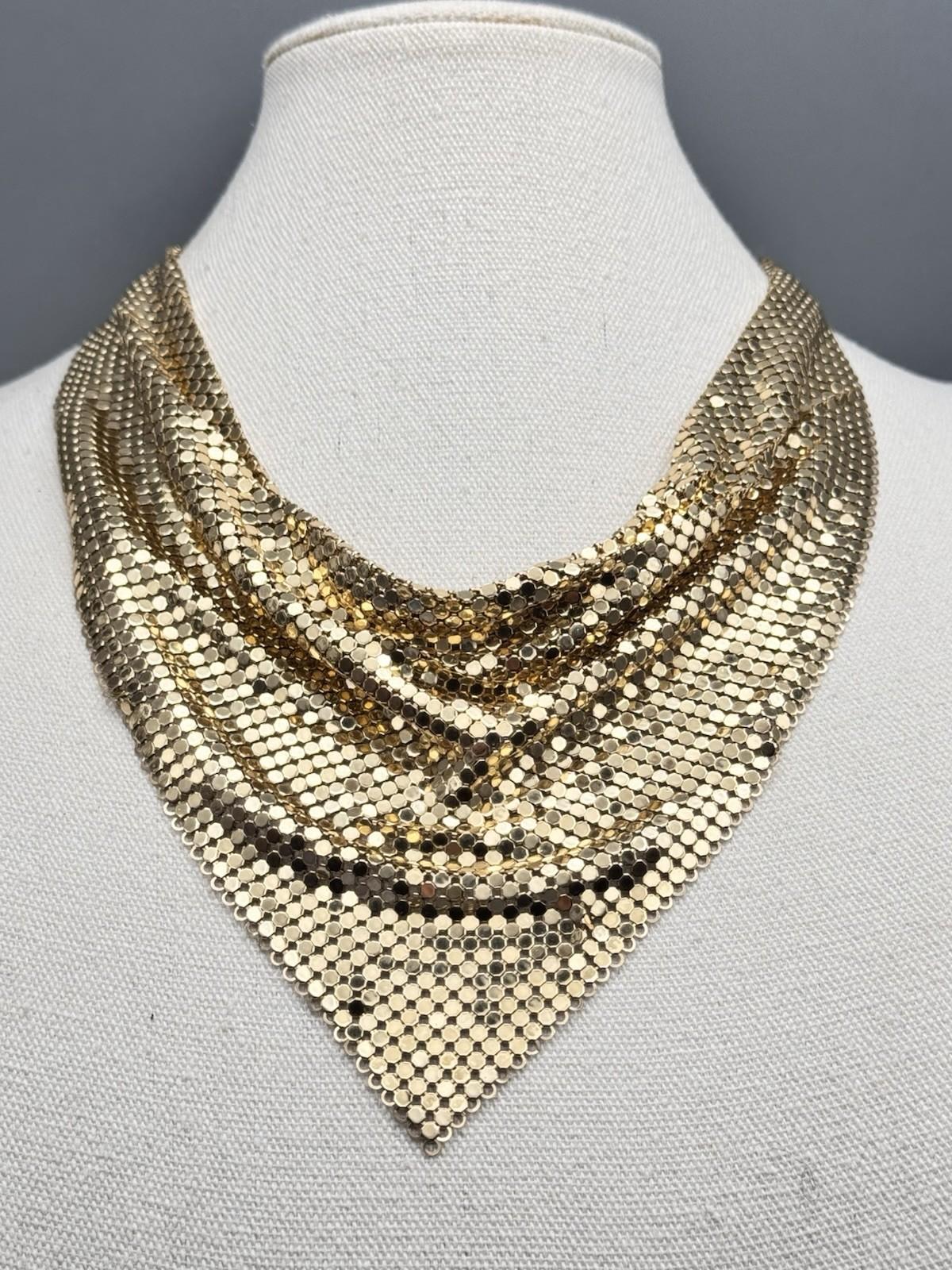 Whiting Davis Necklace Goldtone Mesh Bib 18” 7” Drop Vintage