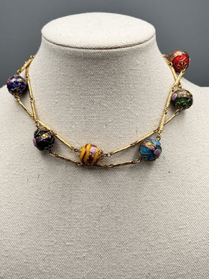 Goldtone Venetian Style Millefiori Bead Necklace 29” Station