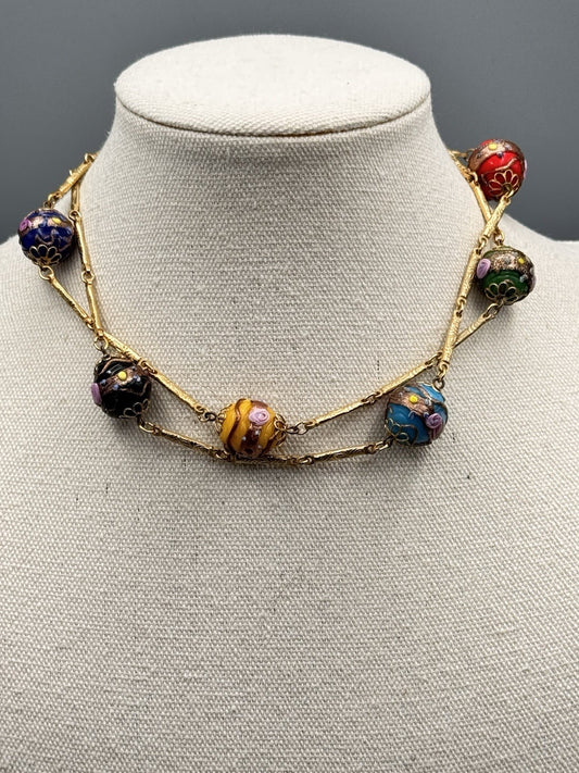 Goldtone Venetian Style Millefiori Bead Necklace 29” Station
