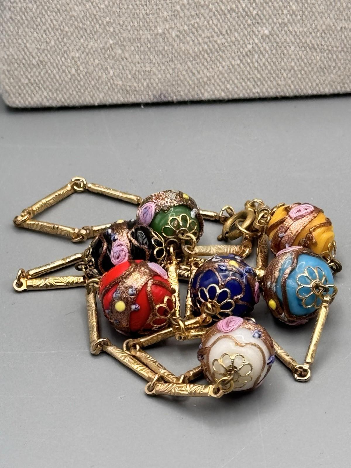 Goldtone Venetian Style Millefiori Bead Necklace 29” Station