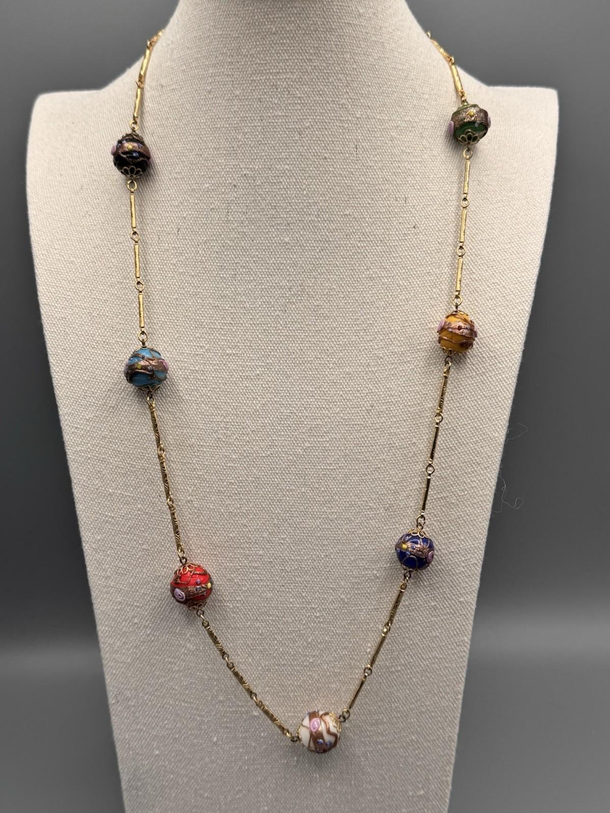 Goldtone Venetian Style Millefiori Bead Necklace 29” Station
