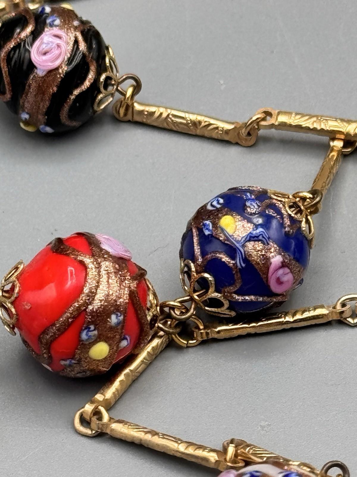 Goldtone Venetian Style Millefiori Bead Necklace 29” Station