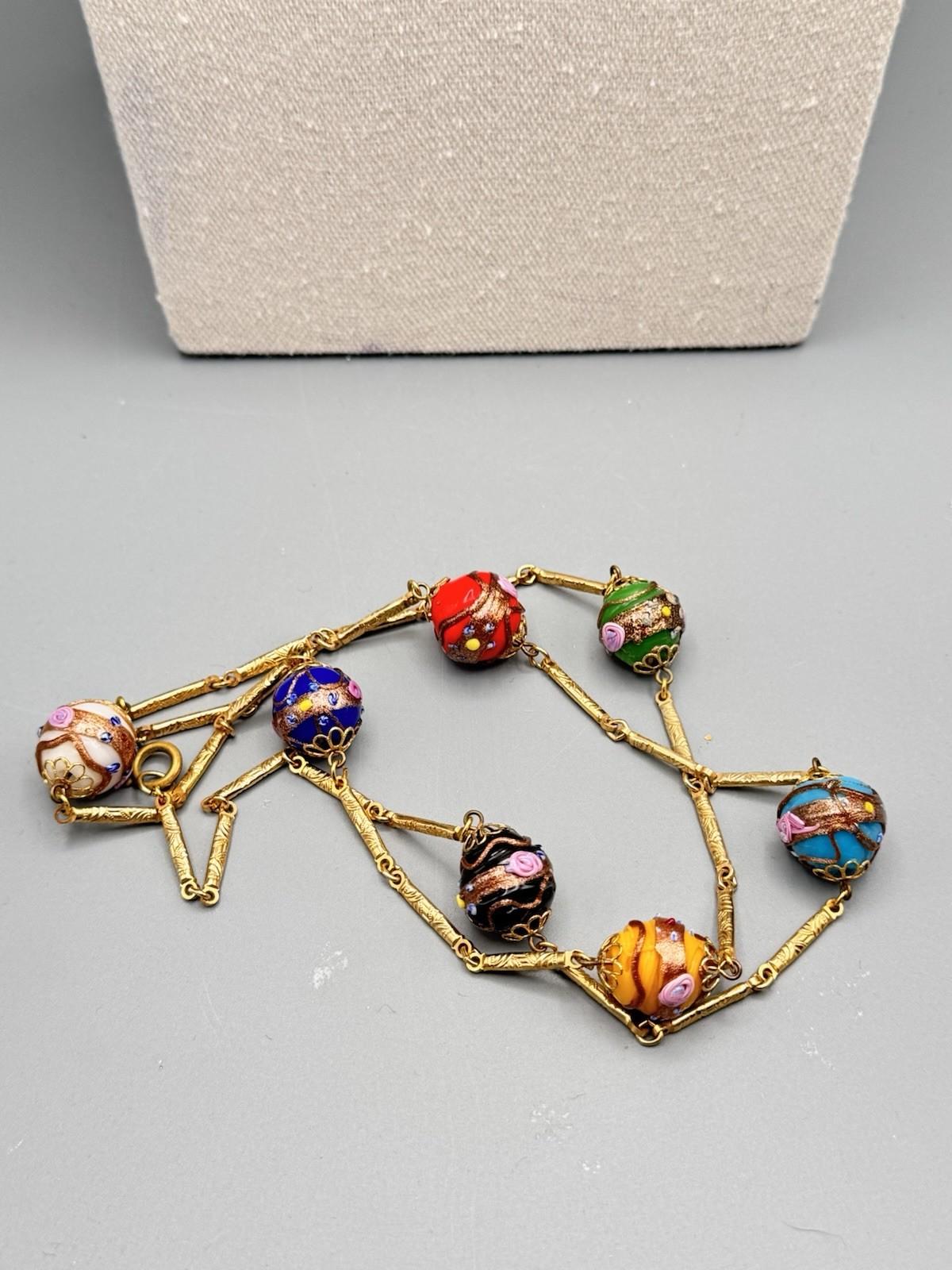 Goldtone Venetian Style Millefiori Bead Necklace 29” Station