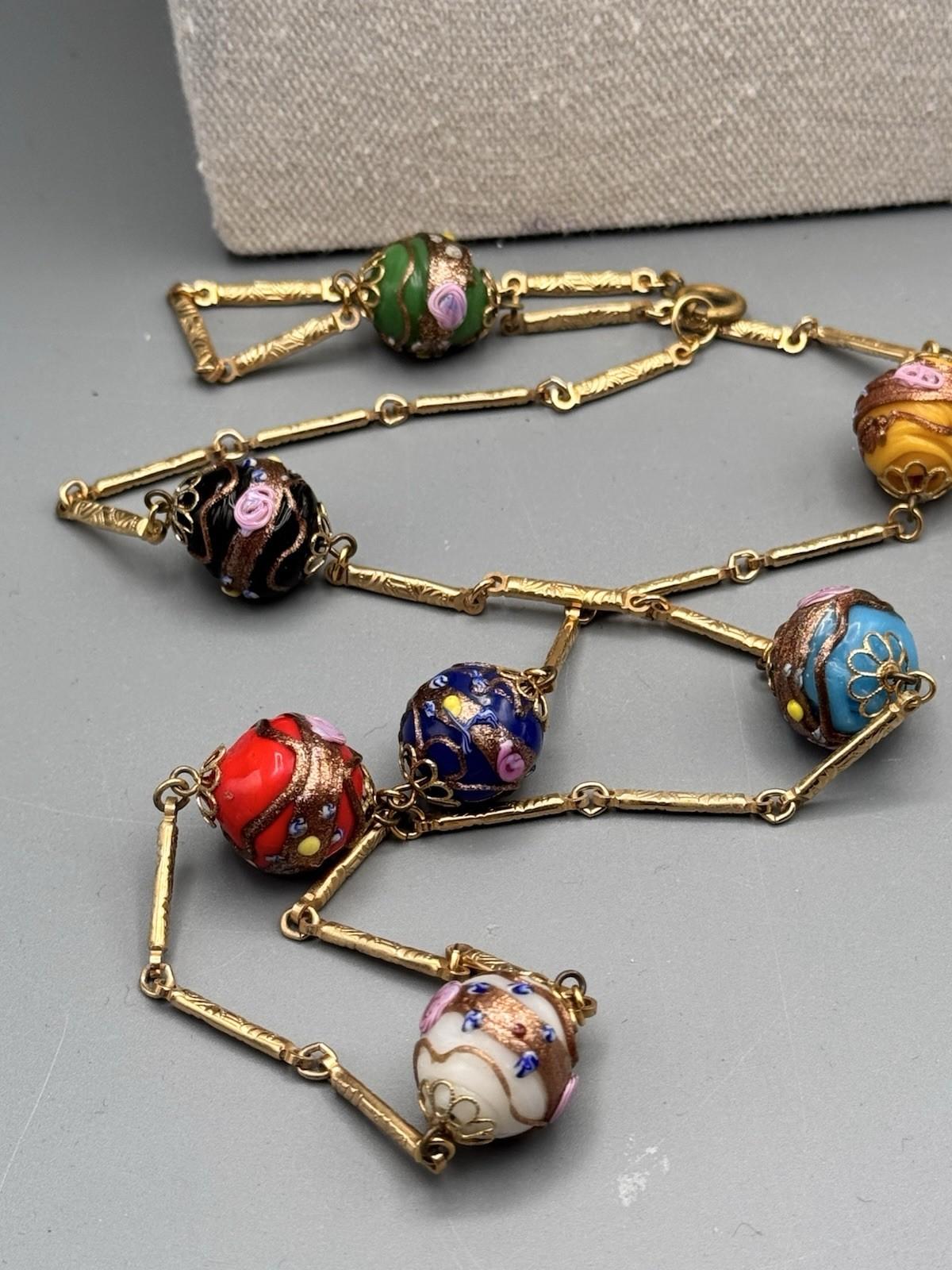 Goldtone Venetian Style Millefiori Bead Necklace 29” Station