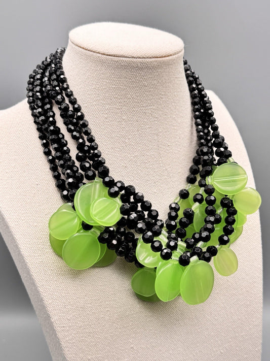 Vintage Black & Green Lucite Disc Statement Necklace 7-Strand 19”