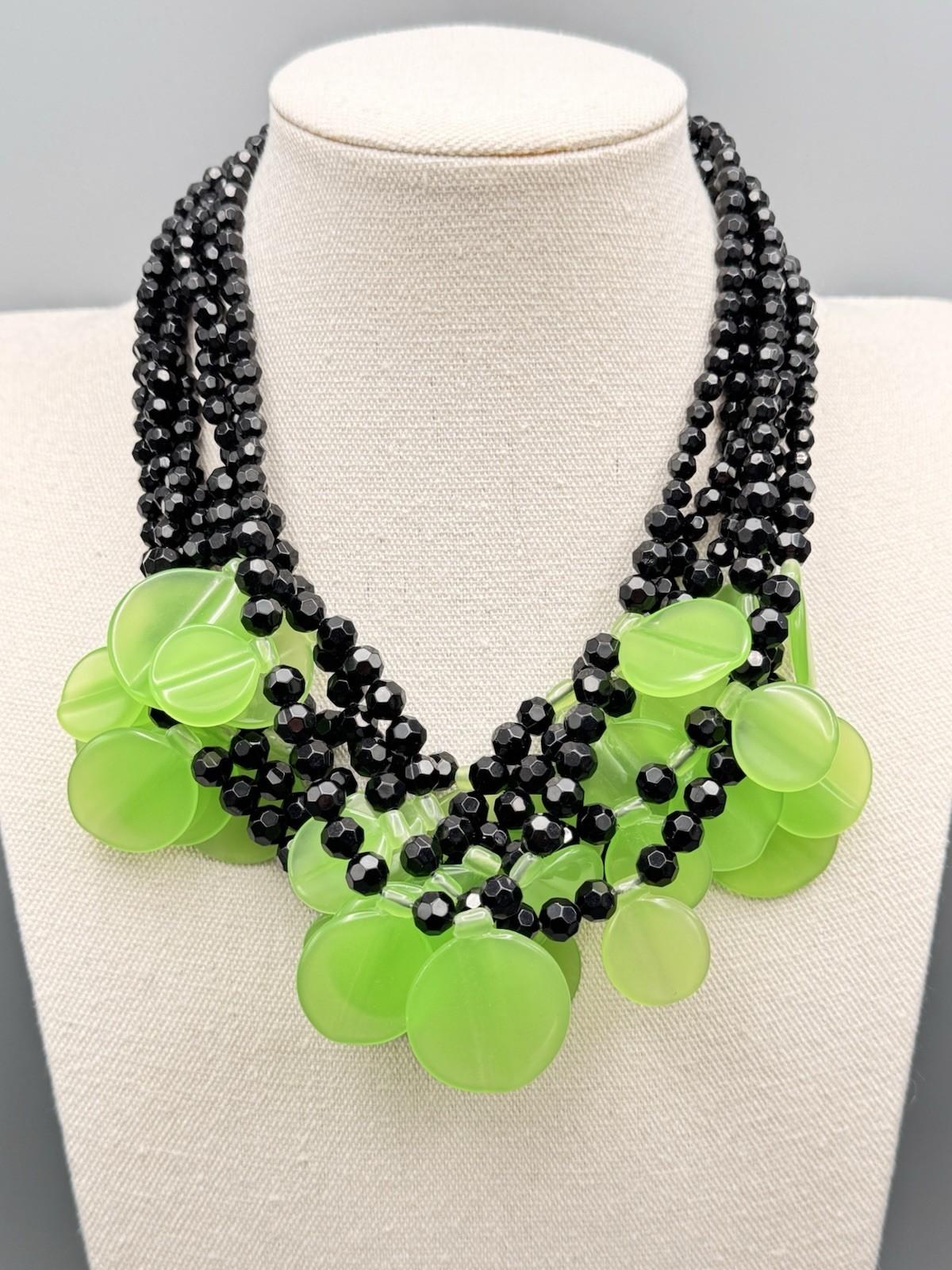 Vintage Black & Green Lucite Disc Statement Necklace 7-Strand 19”