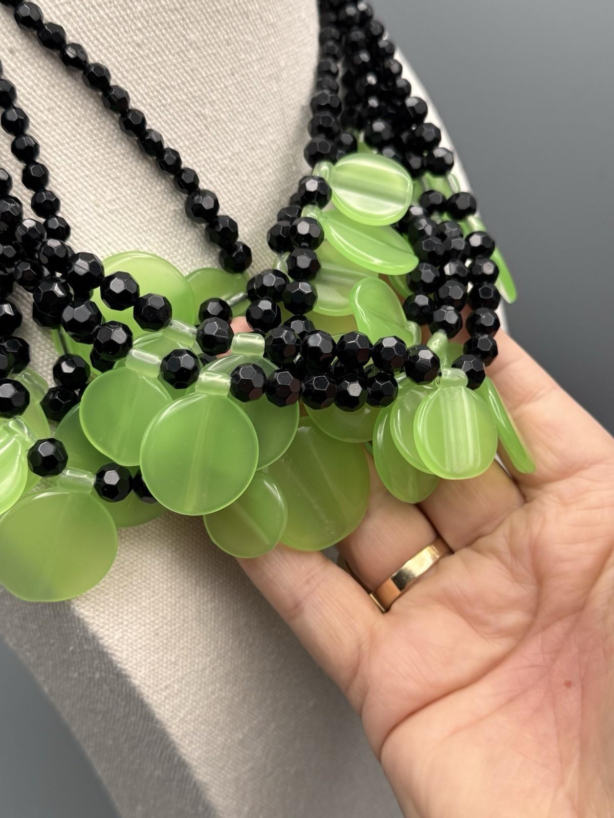 Vintage Black & Green Lucite Disc Statement Necklace 7-Strand 19”