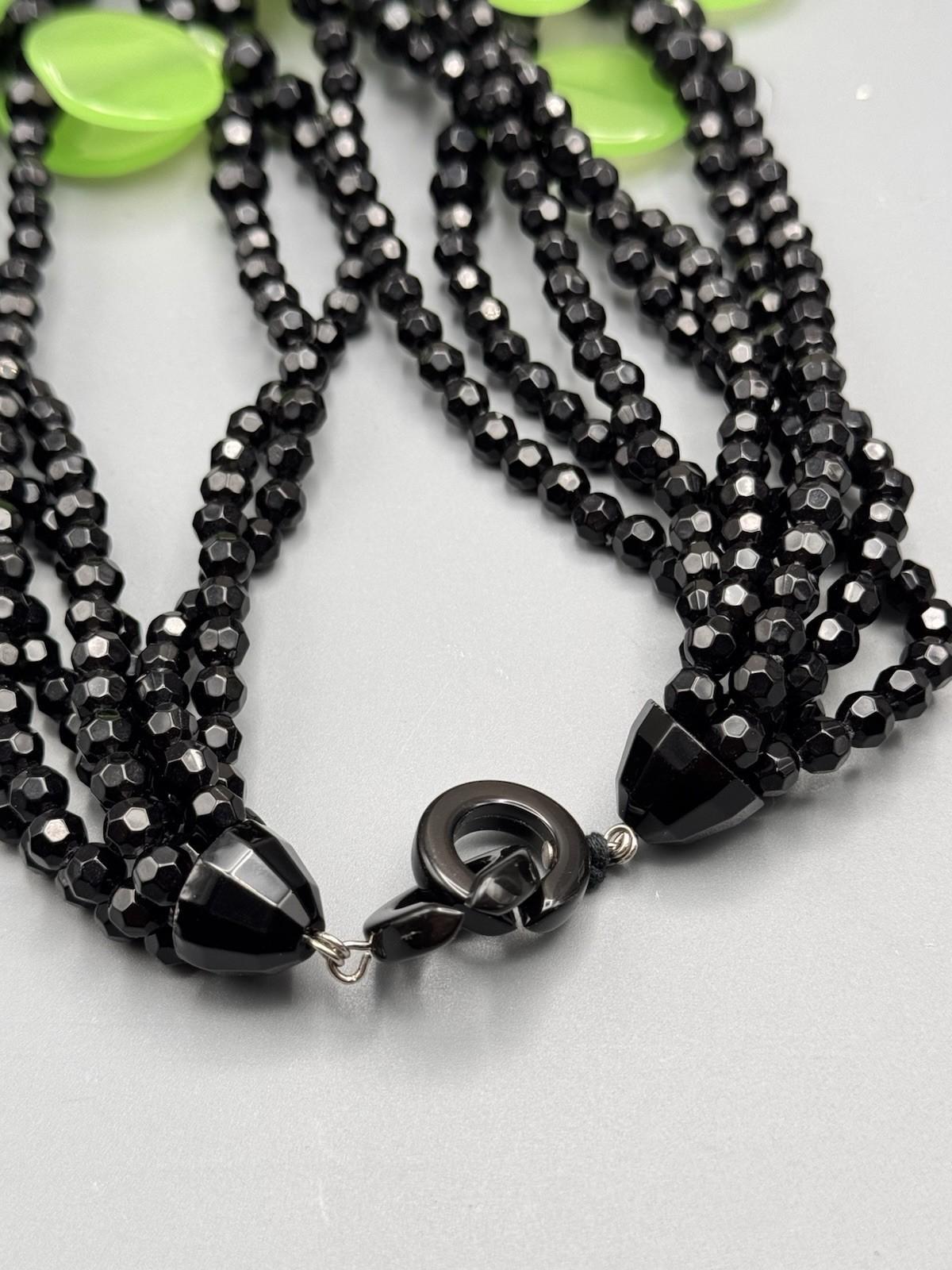 Vintage Black & Green Lucite Disc Statement Necklace 7-Strand 19”