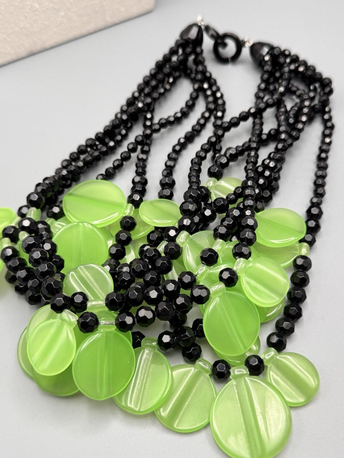 Vintage Black & Green Lucite Disc Statement Necklace 7-Strand 19”