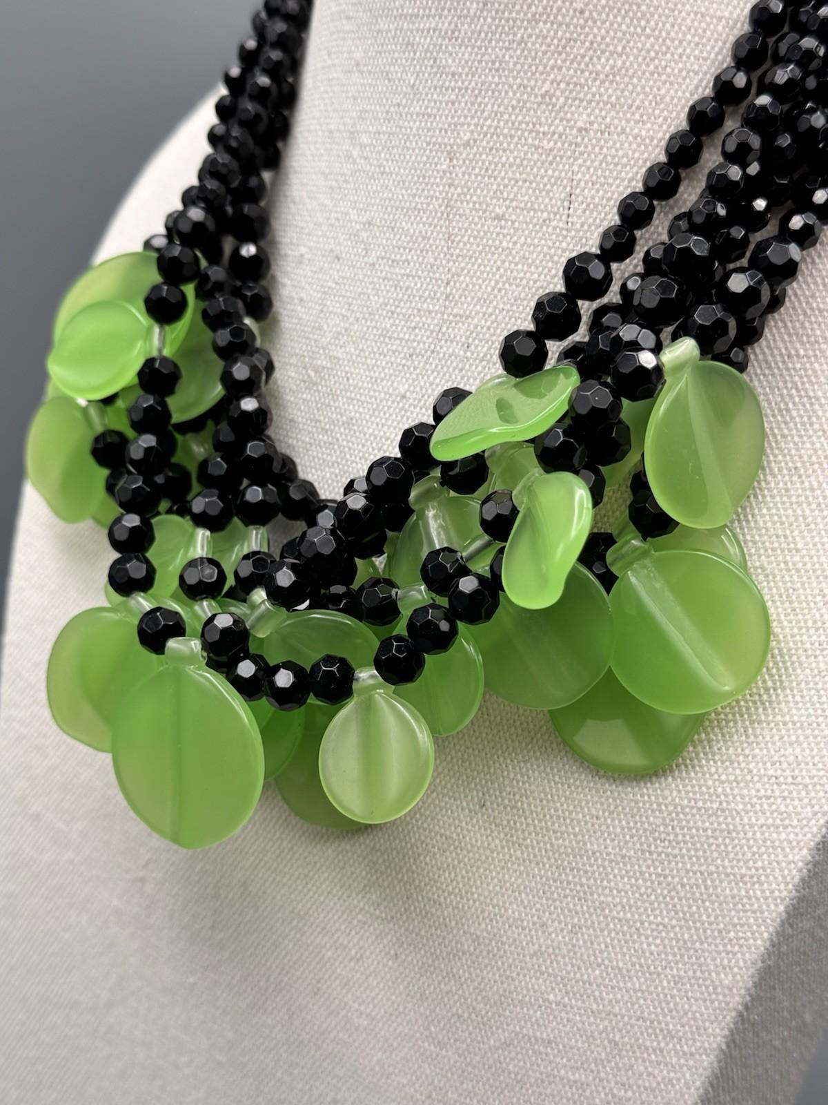 Vintage Black & Green Lucite Disc Statement Necklace 7-Strand 19”