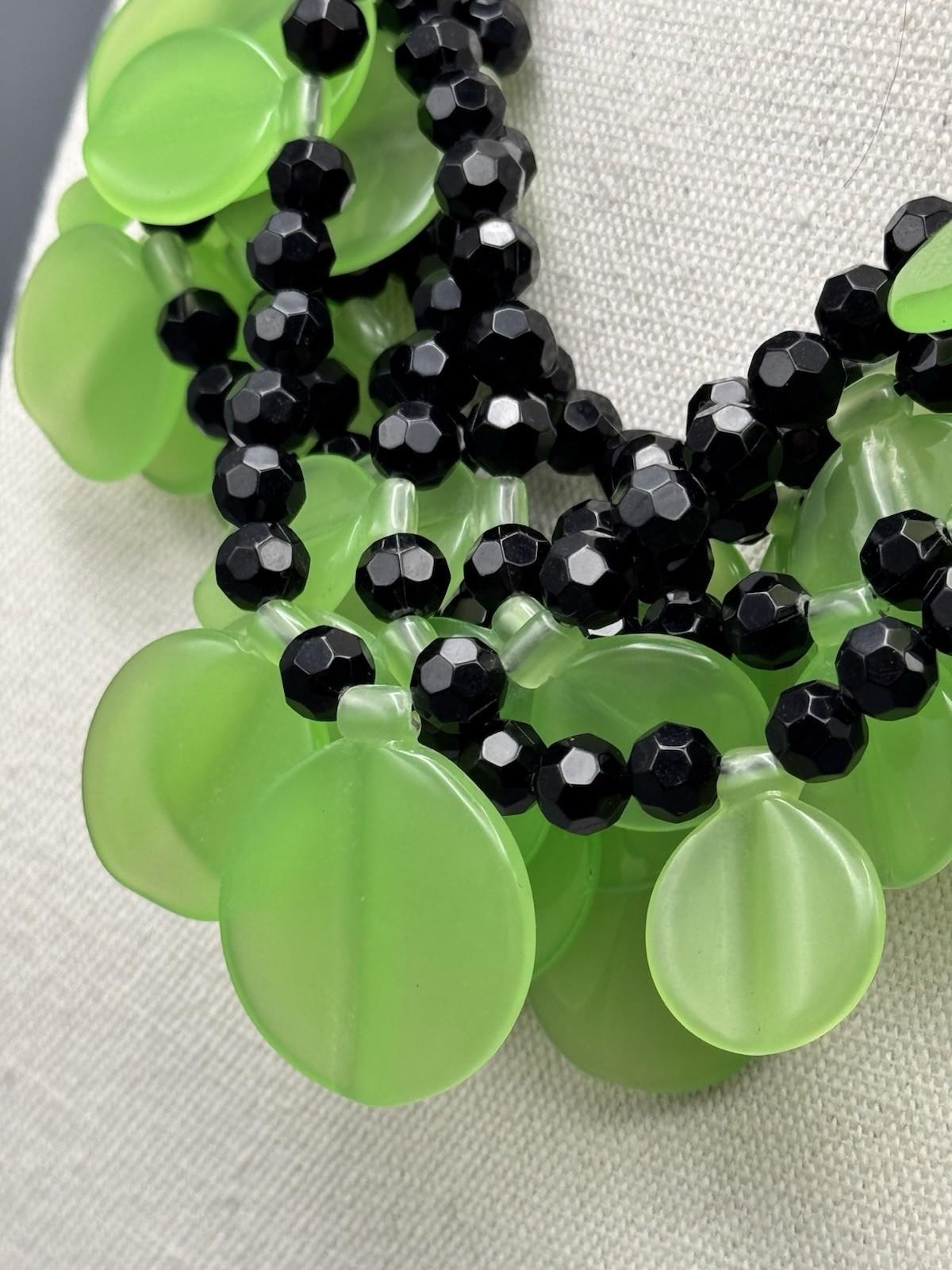 Vintage Black & Green Lucite Disc Statement Necklace 7-Strand 19”