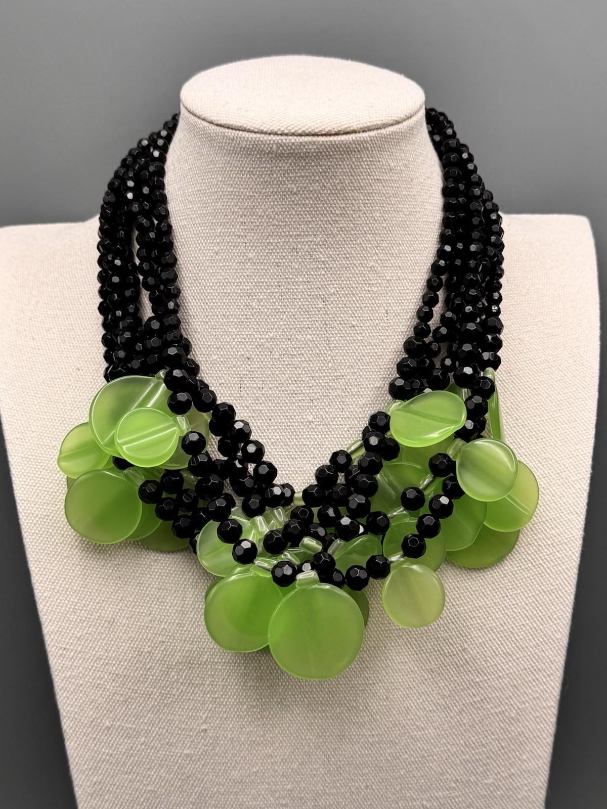 Vintage Black & Green Lucite Disc Statement Necklace 7-Strand 19”