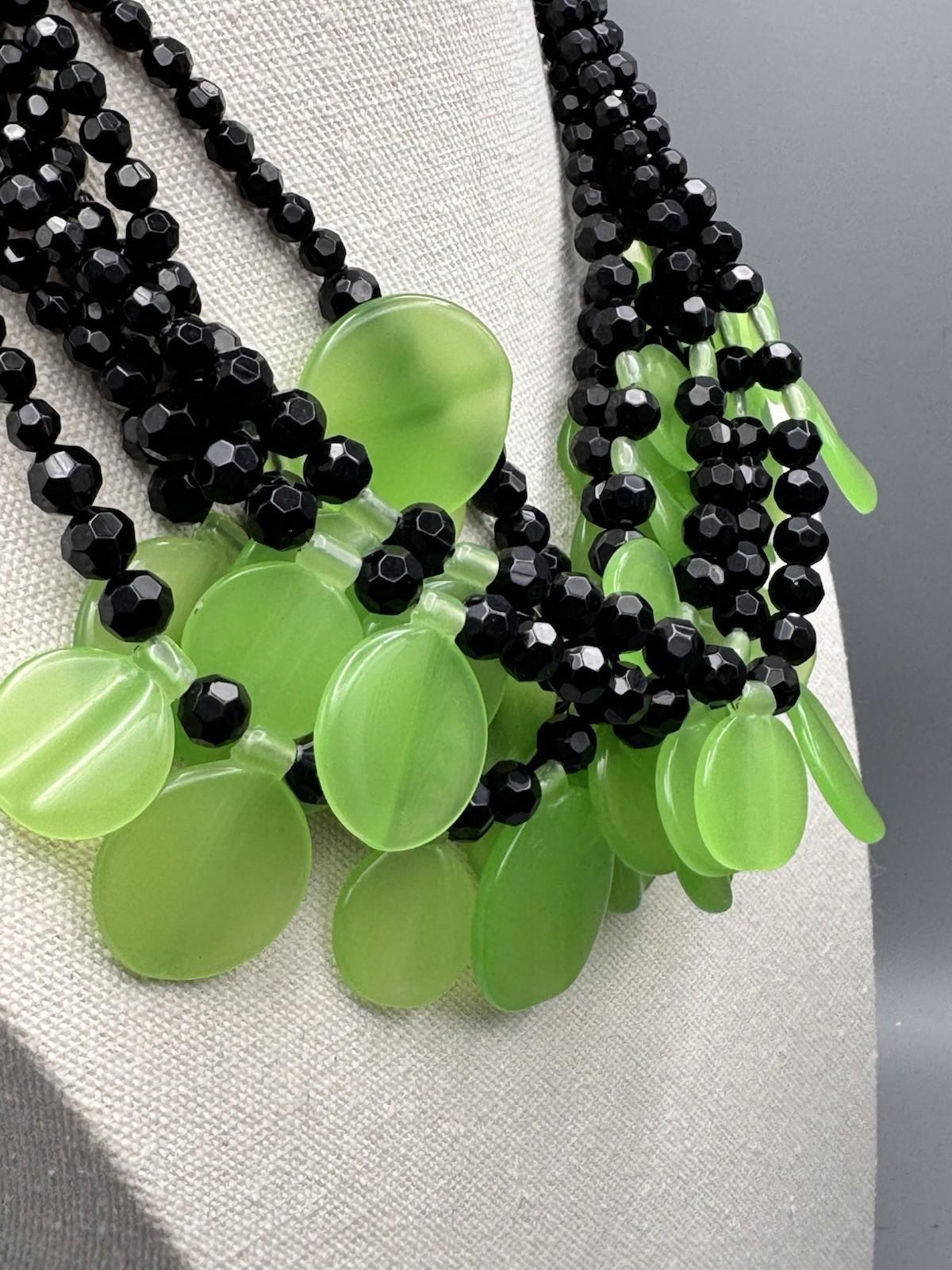 Vintage Black & Green Lucite Disc Statement Necklace 7-Strand 19”