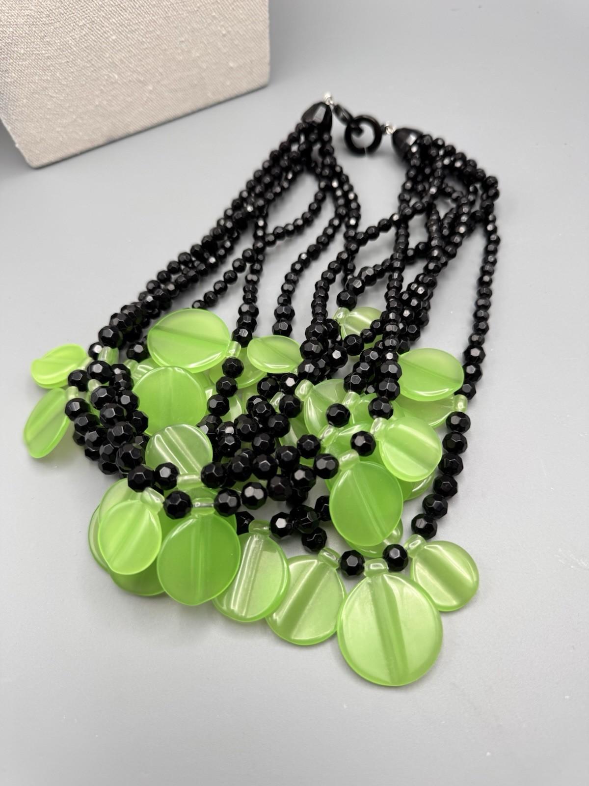 Vintage Black & Green Lucite Disc Statement Necklace 7-Strand 19”