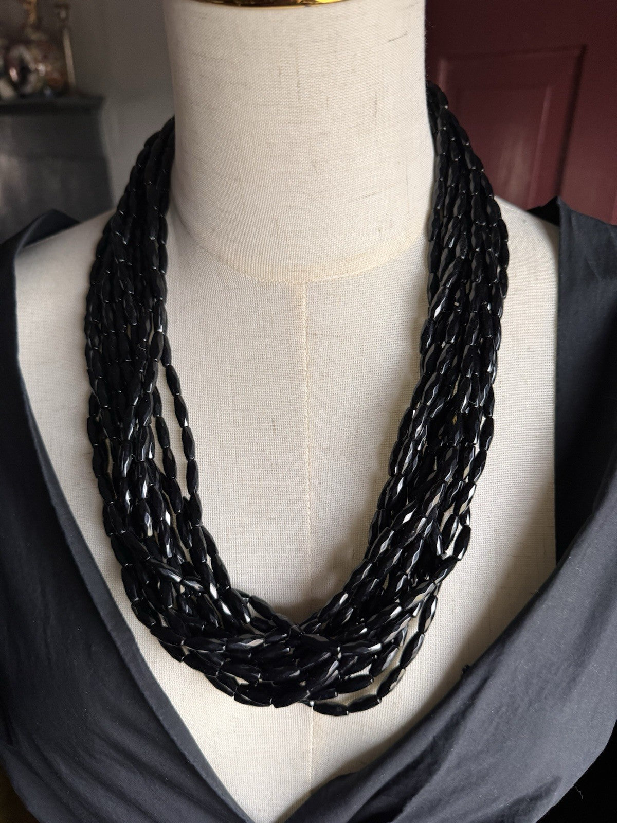 Vintage Black Necklace DESIGNER QUALITY Lucite Beads Multi Strand