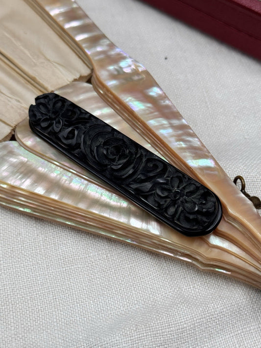Vintage Carved Bakelite Floral Brooch Bar Pin Black 3.1”