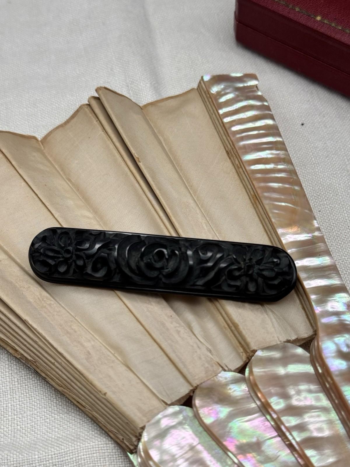 Vintage Carved Bakelite Floral Brooch Bar Pin Black 3.1”