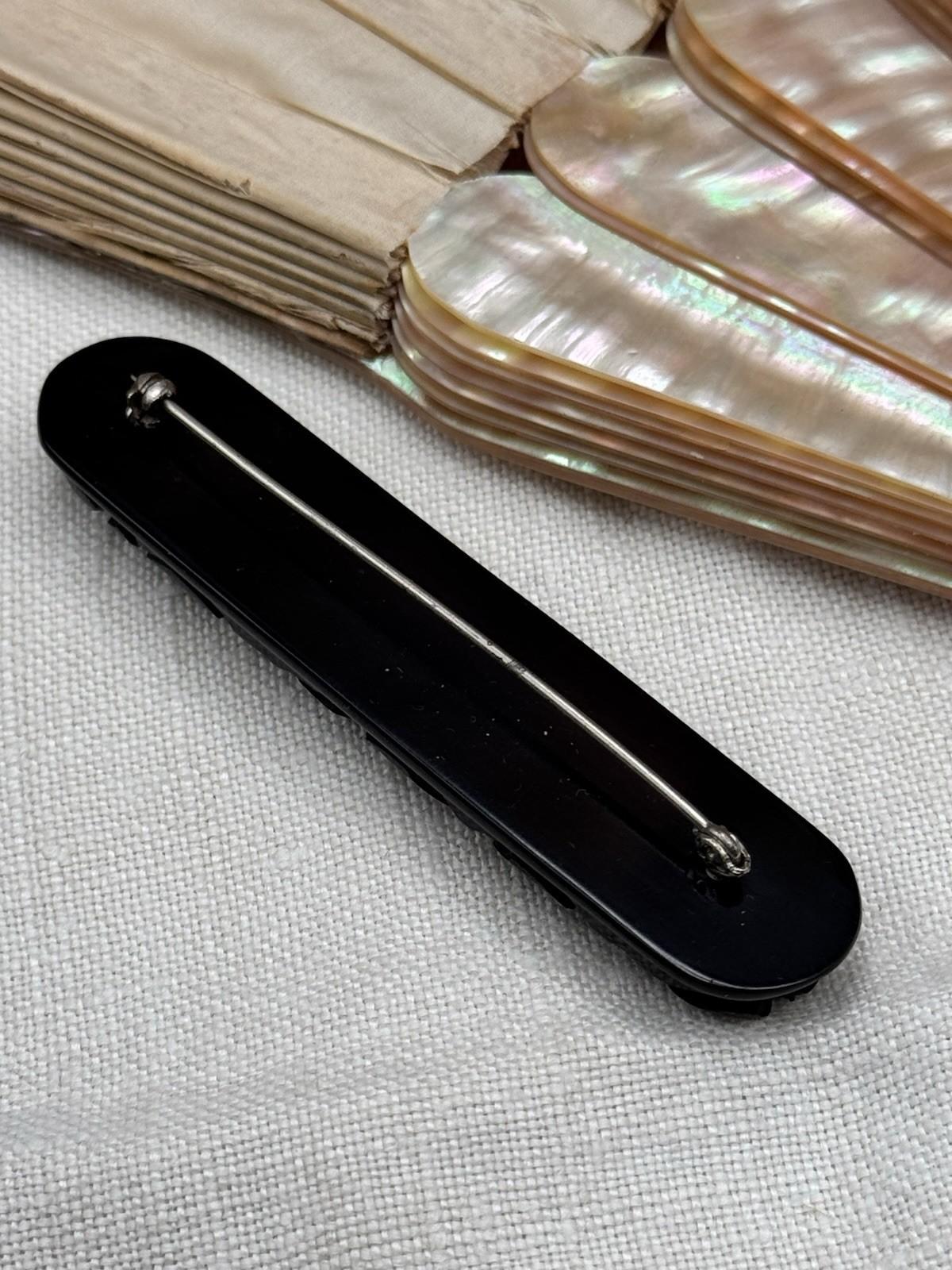 Vintage Carved Bakelite Floral Brooch Bar Pin Black 3.1”