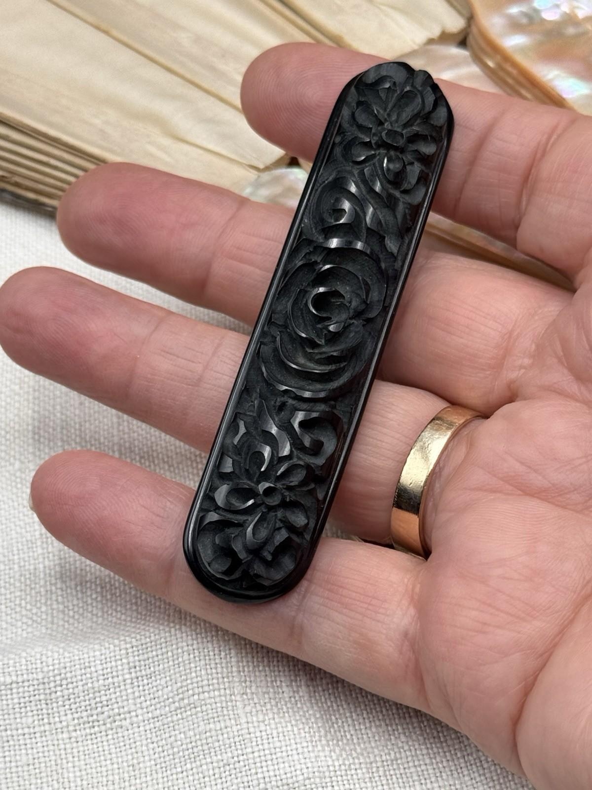 Vintage Carved Bakelite Floral Brooch Bar Pin Black 3.1”