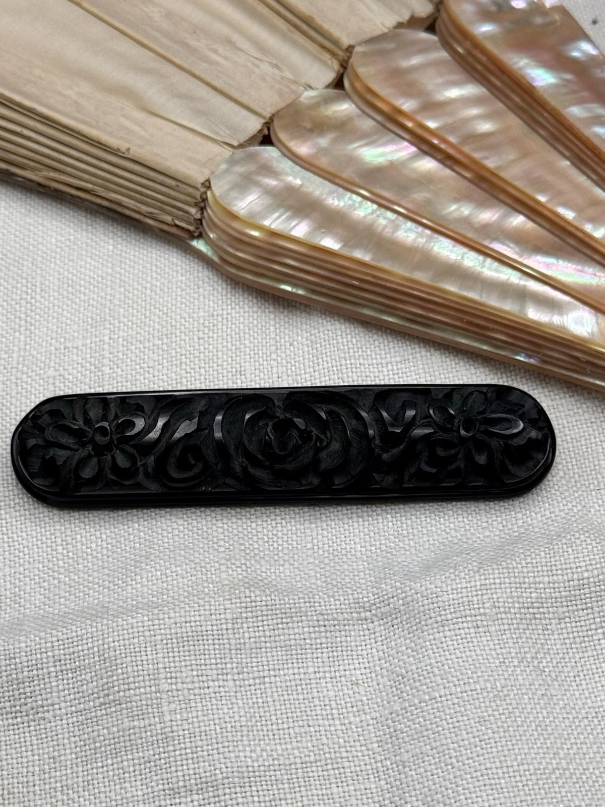 Vintage Carved Bakelite Floral Brooch Bar Pin Black 3.1”