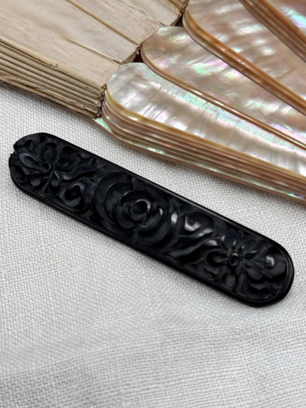 Vintage Carved Bakelite Floral Brooch Bar Pin Black 3.1”