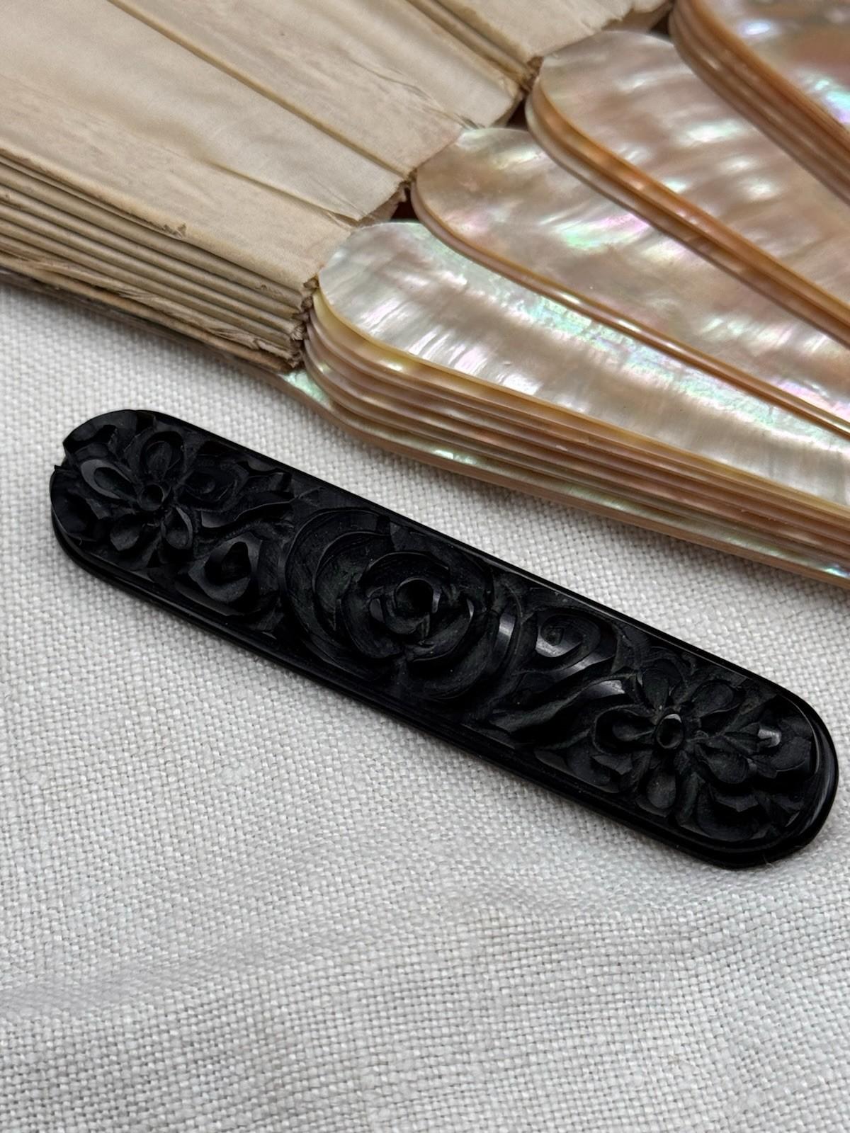 Vintage Carved Bakelite Floral Brooch Bar Pin Black 3.1”