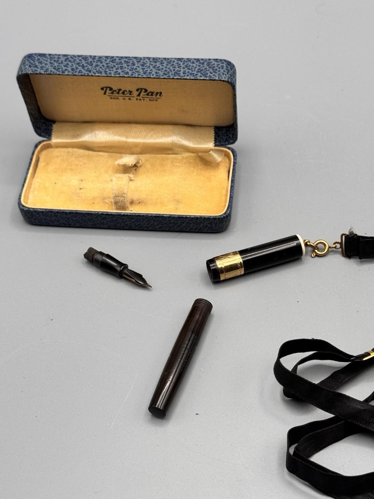 Peter Pan Miniature Chatelaine Fountain Pen 14K Nib Gold Filled Band 2.75”