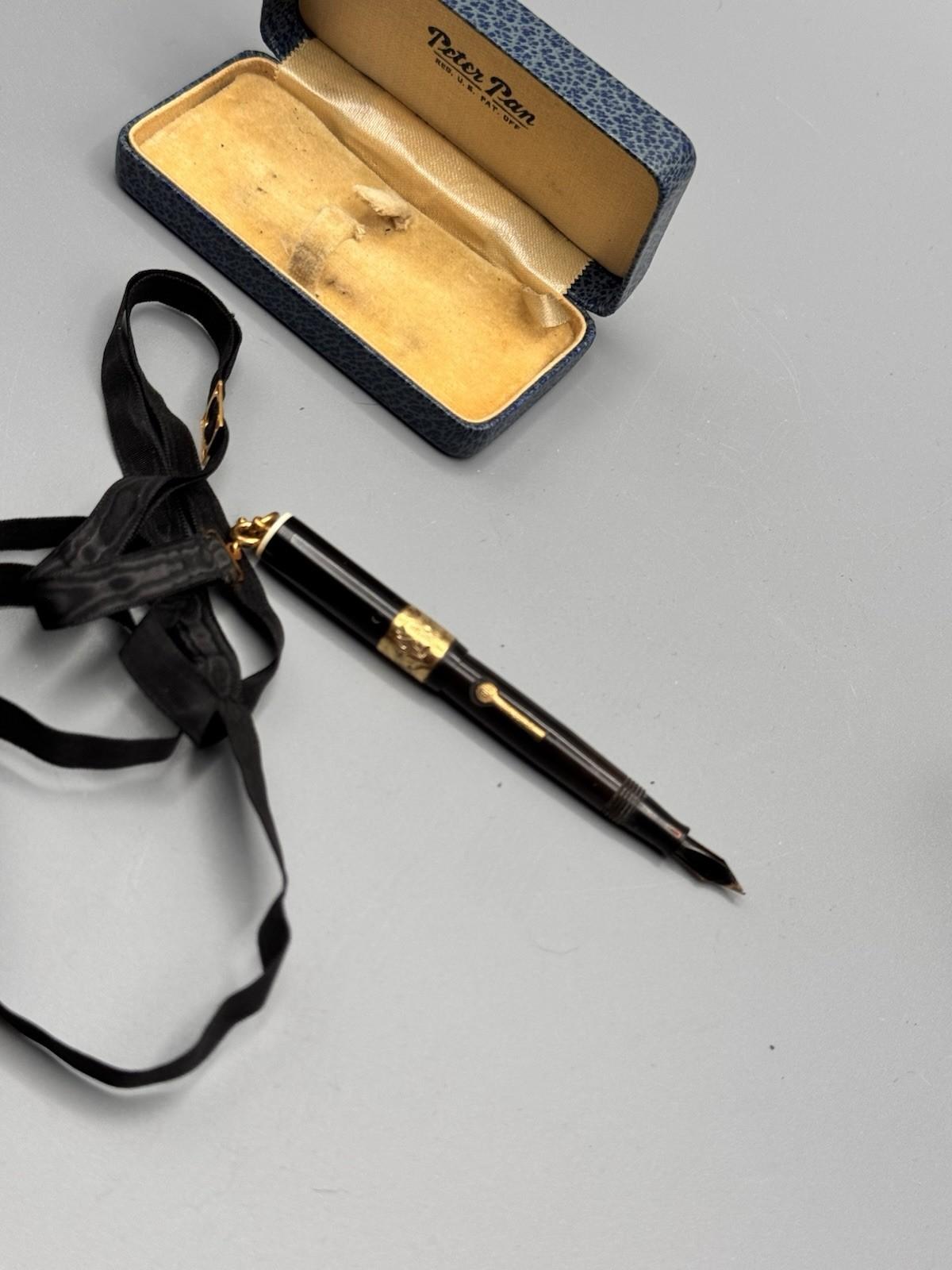 Peter Pan Miniature Chatelaine Fountain Pen 14K Nib Gold Filled Band 2.75”