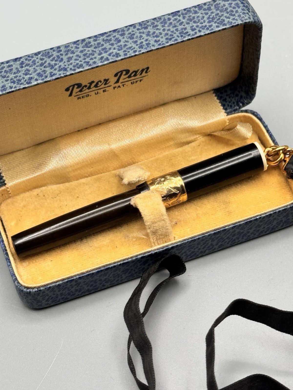 Peter Pan Miniature Chatelaine Fountain Pen 14K Nib Gold Filled Band 2.75”