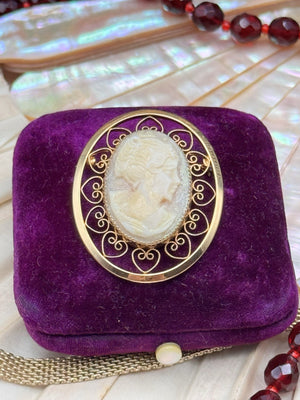 Faux Cameo Brooch Gold Filled Filigree Heart Frame Lady Portrait 1.5” Vintage