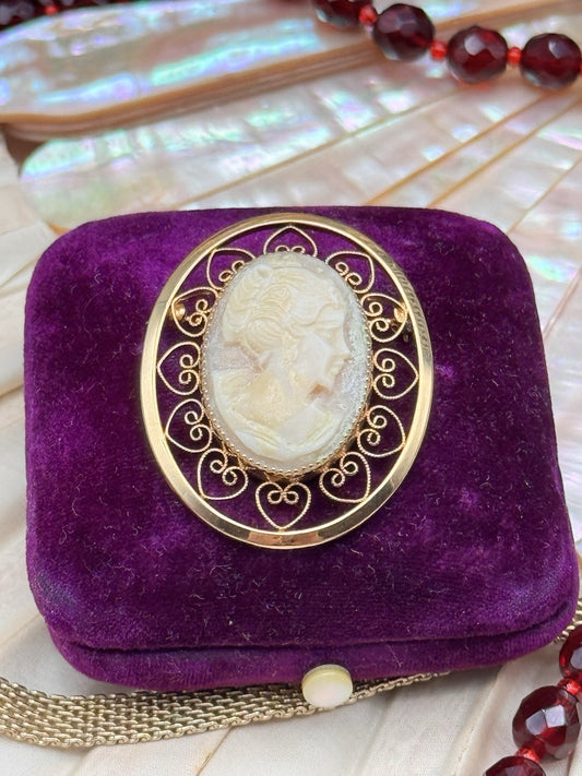 Faux Cameo Brooch Gold Filled Filigree Heart Frame Lady Portrait 1.5” Vintage