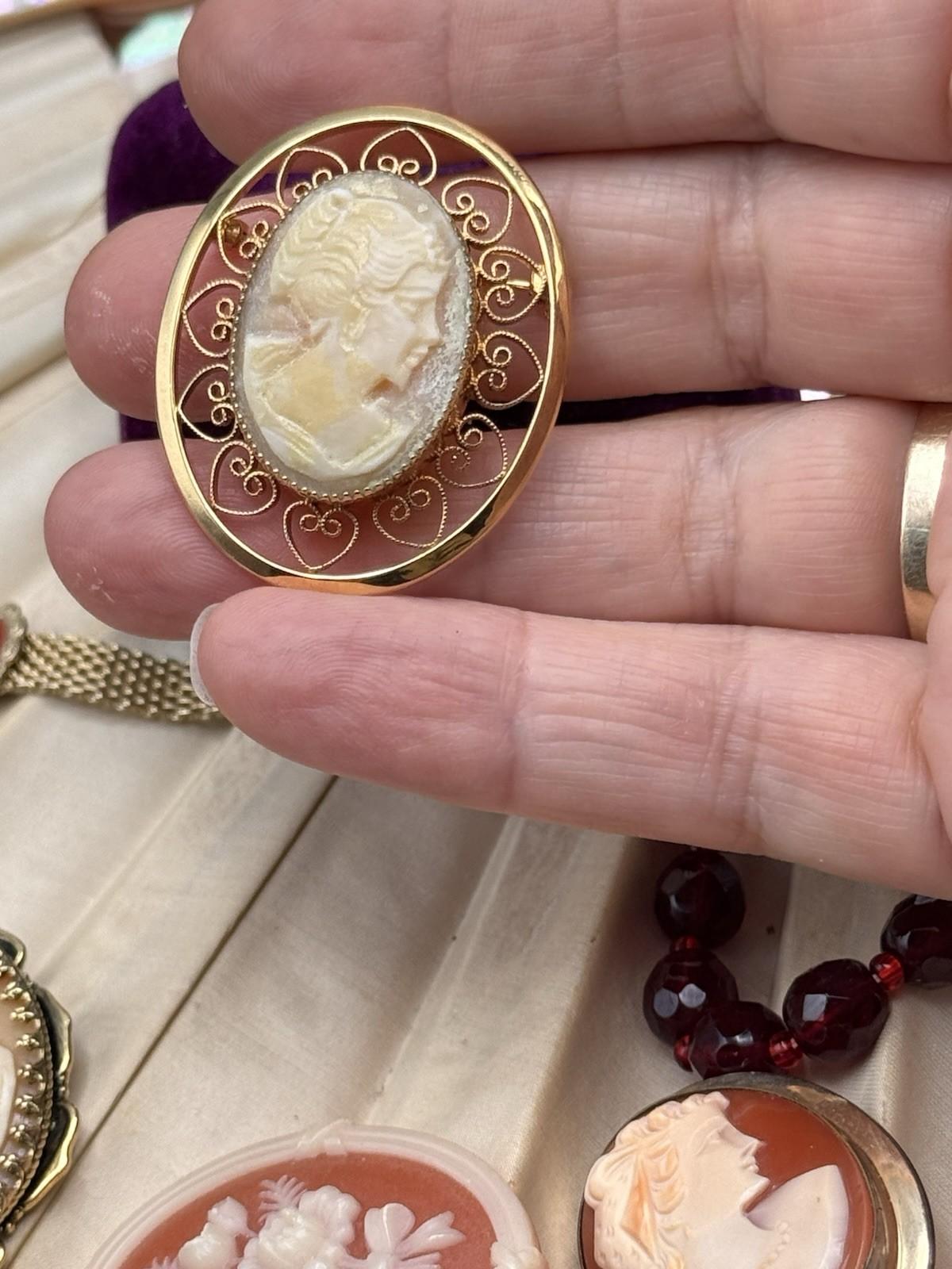 Faux Cameo Brooch Gold Filled Filigree Heart Frame Lady Portrait 1.5” Vintage