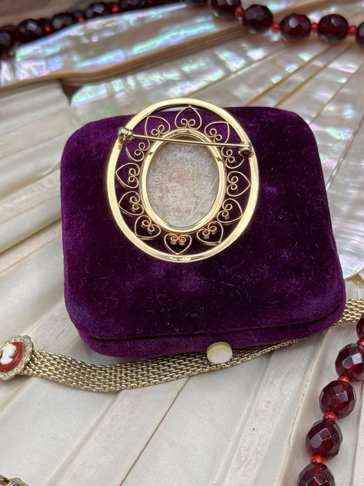 Faux Cameo Brooch Gold Filled Filigree Heart Frame Lady Portrait 1.5” Vintage