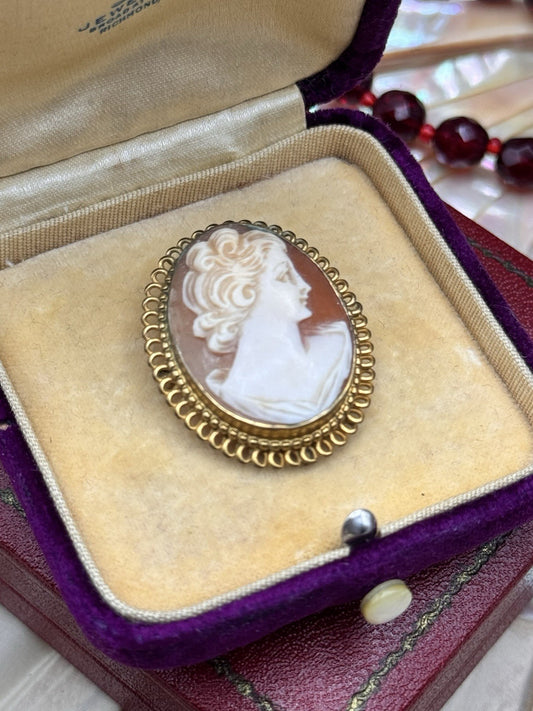 Vintage Carved Cameo Brooch Pendant Gold Filled Lady Portrait