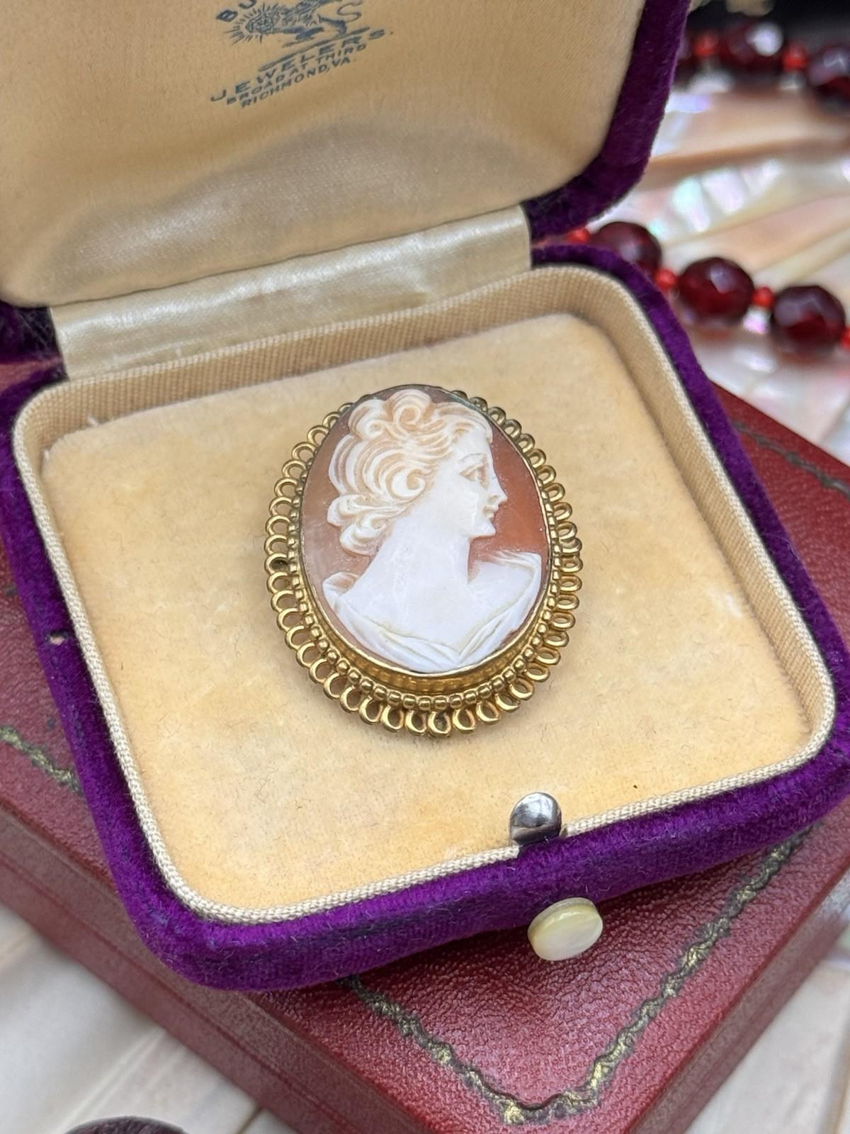 Vintage Carved Cameo Brooch Pendant Gold Filled Lady Portrait