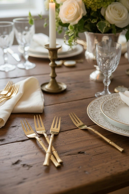 Bamboo Handle Forks Goldtone Vintage Cocktail Appetizer Set 8