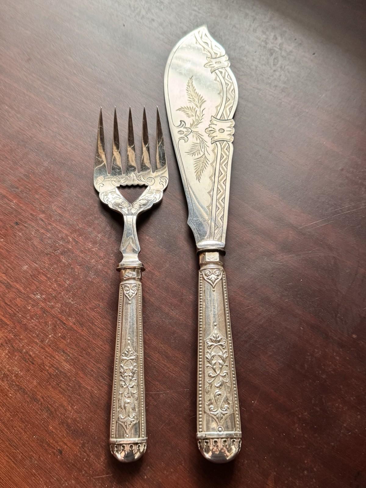 Antique Silverplate Serving Set Engraved Server Fork Victorian Style 12” 9”