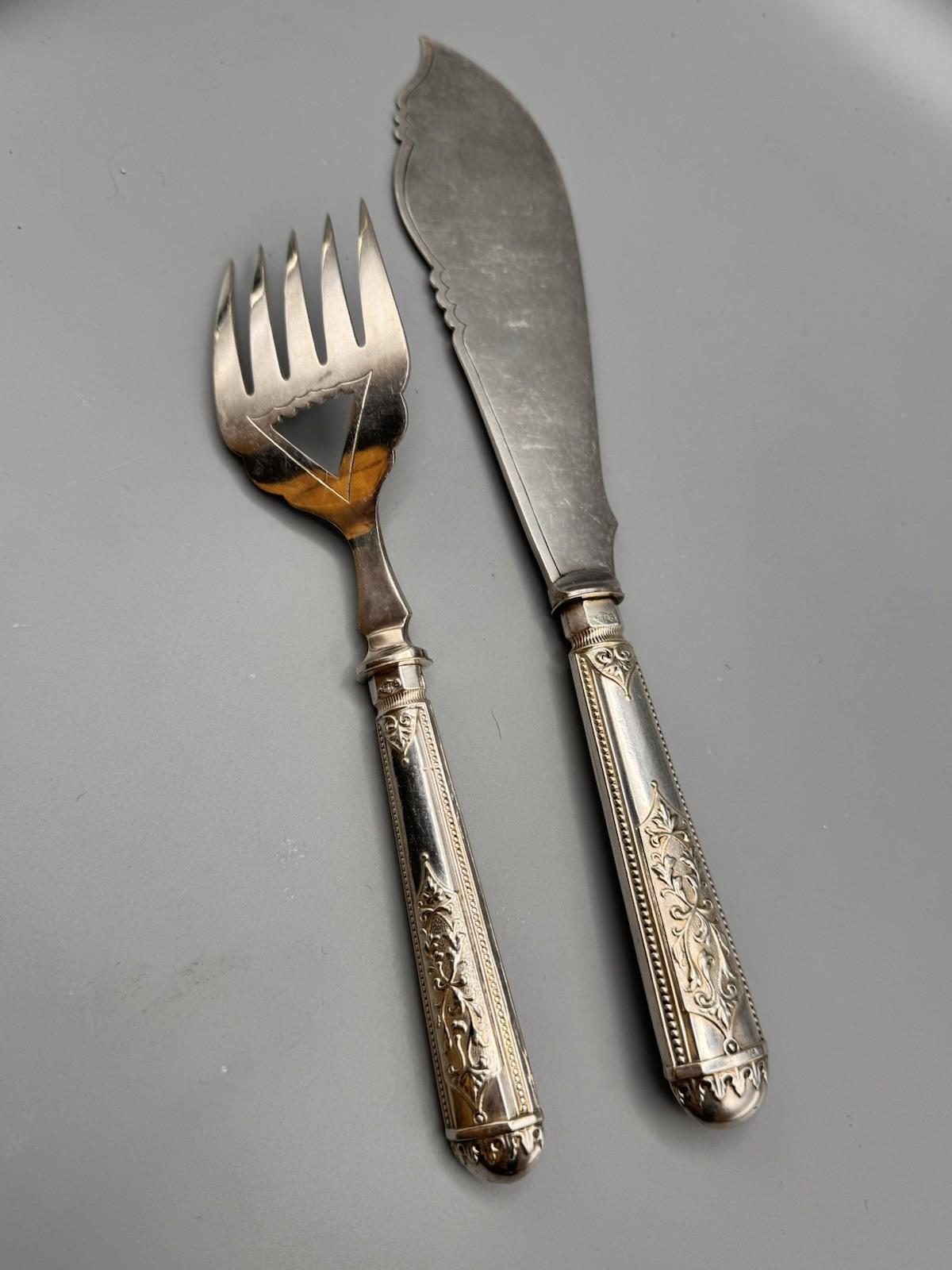 Antique Silverplate Serving Set Engraved Server Fork Victorian Style 12” 9”