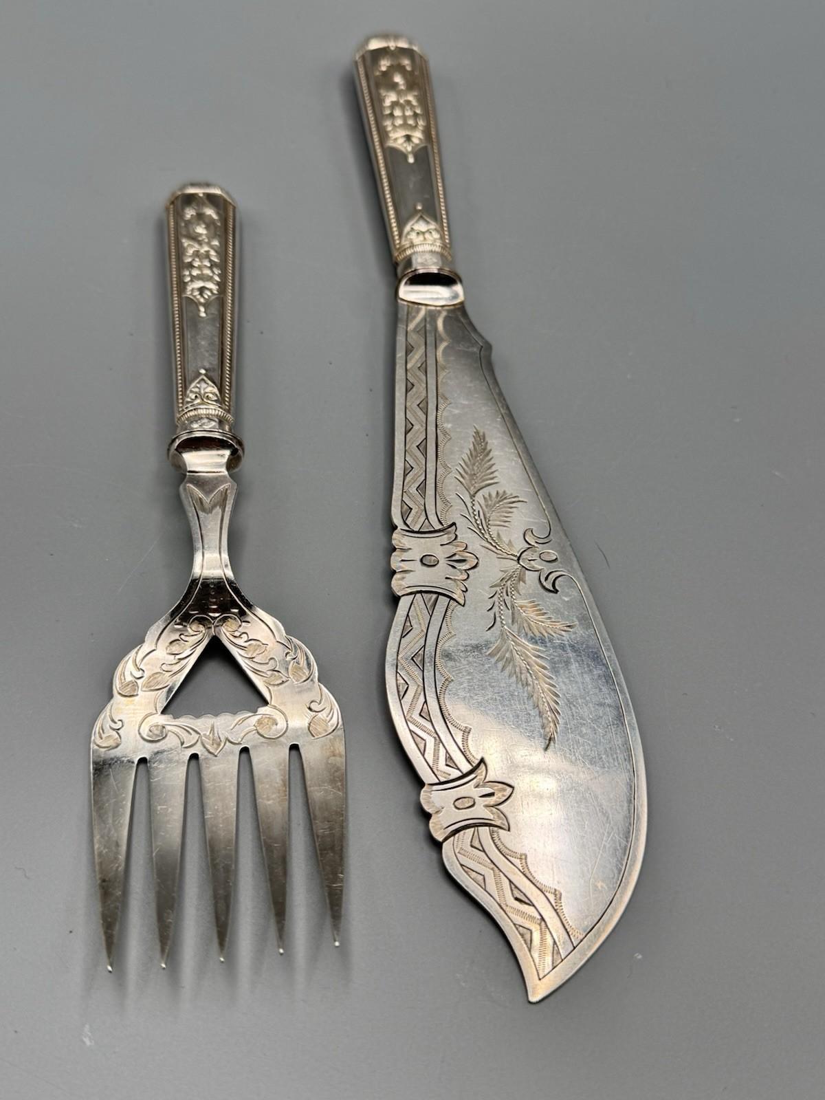 Antique Silverplate Serving Set Engraved Server Fork Victorian Style 12” 9”