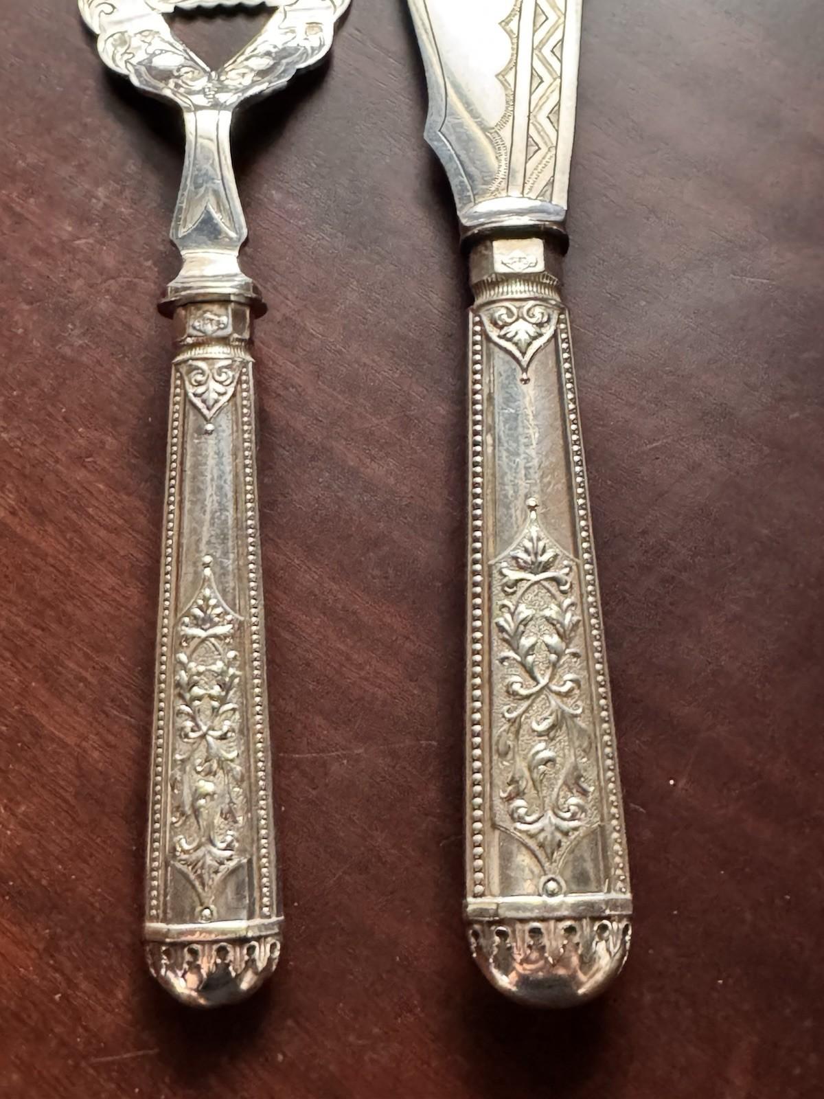 Antique Silverplate Serving Set Engraved Server Fork Victorian Style 12” 9”