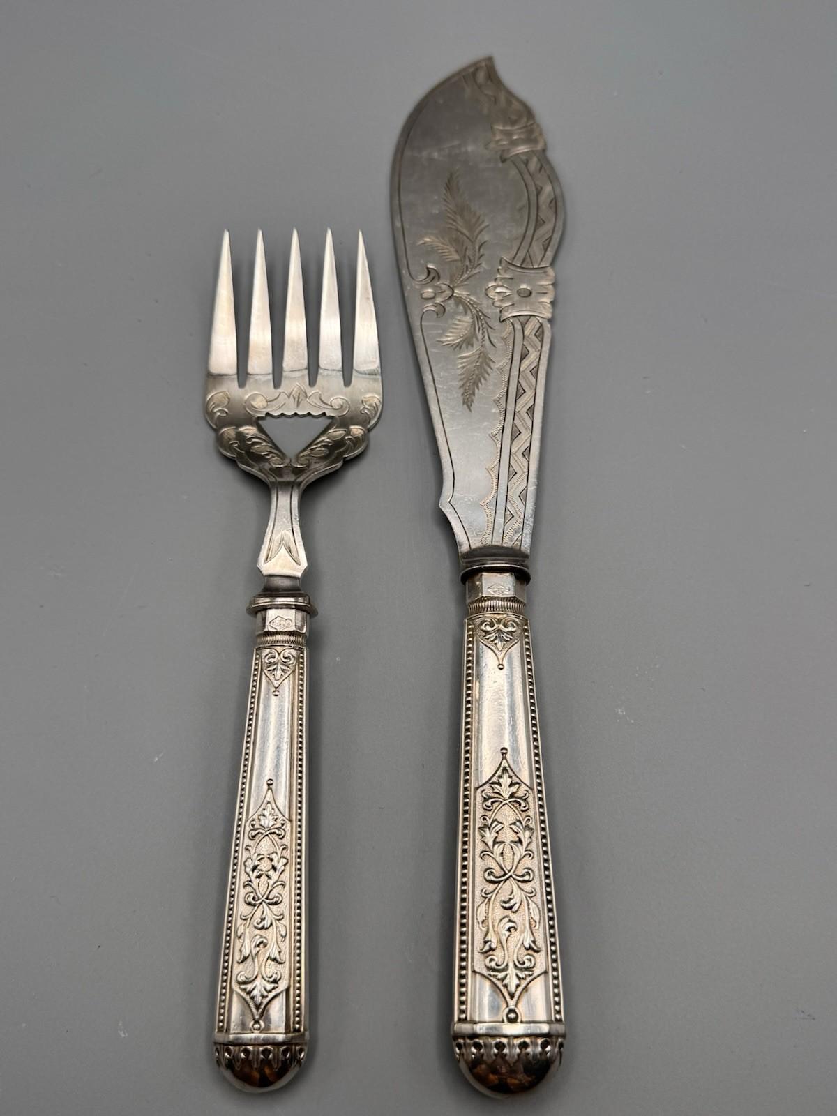 Antique Silverplate Serving Set Engraved Server Fork Victorian Style 12” 9”