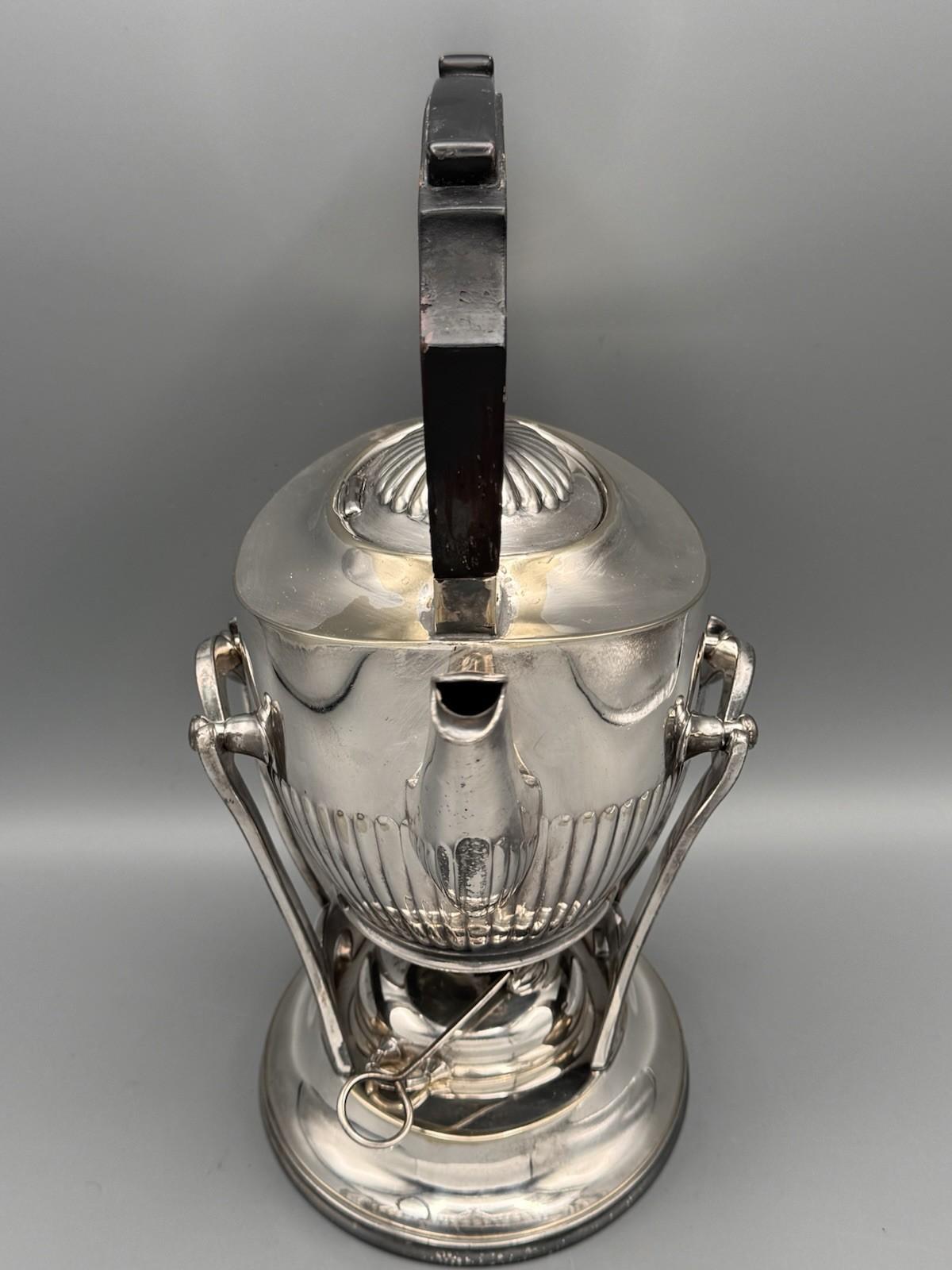 Silverplate Tilting Tea Pot Reed & Barton Burner Stand Wood Handle Antique