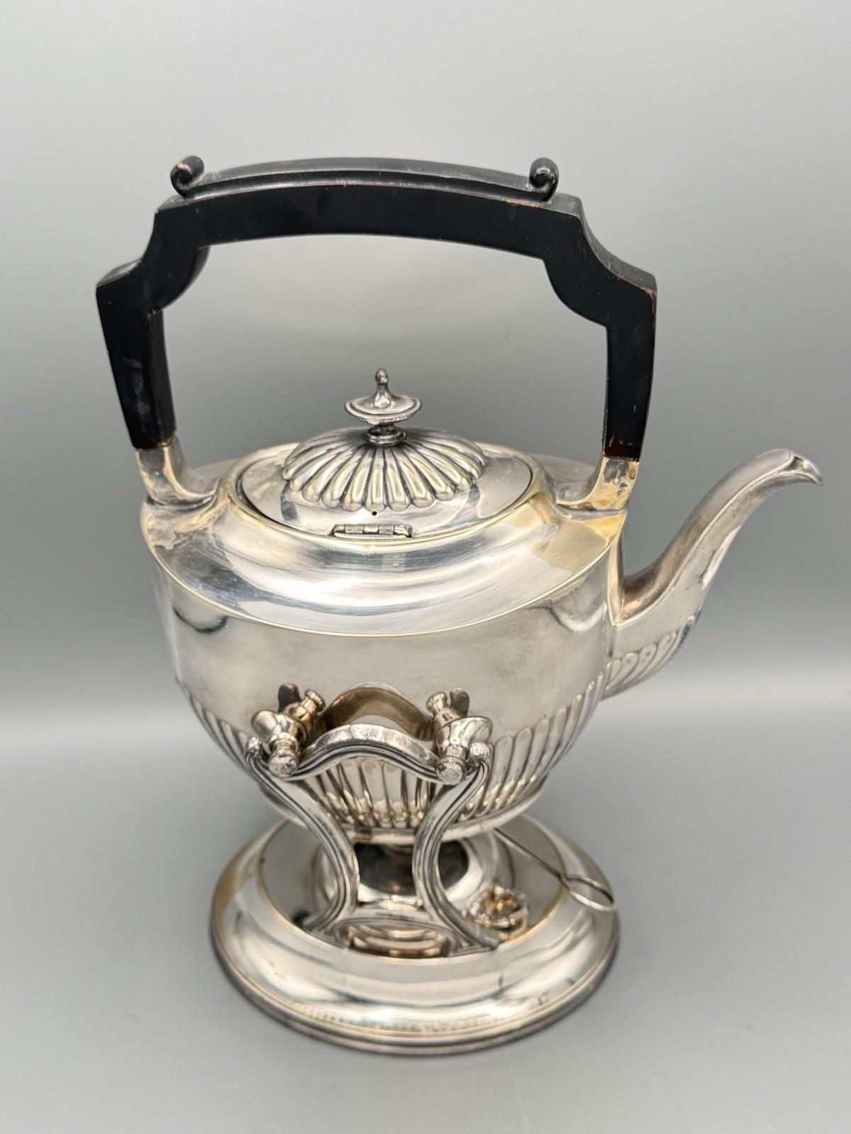 Silverplate Tilting Tea Pot Reed & Barton Burner Stand Wood Handle Antique