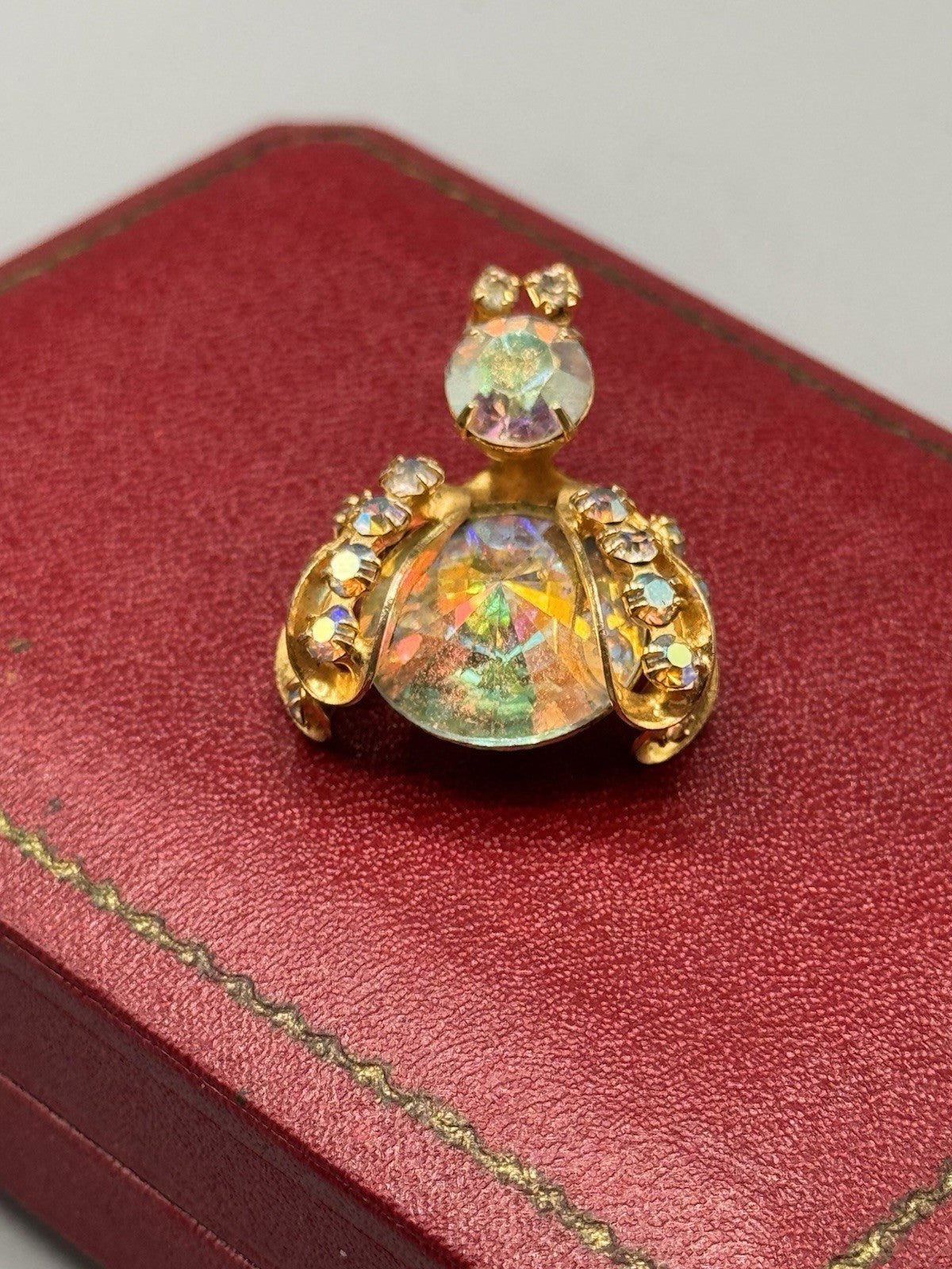 Weiss Bug Brooch Rhinestone AB Crystal Domed Figural Goldtone 1.25”