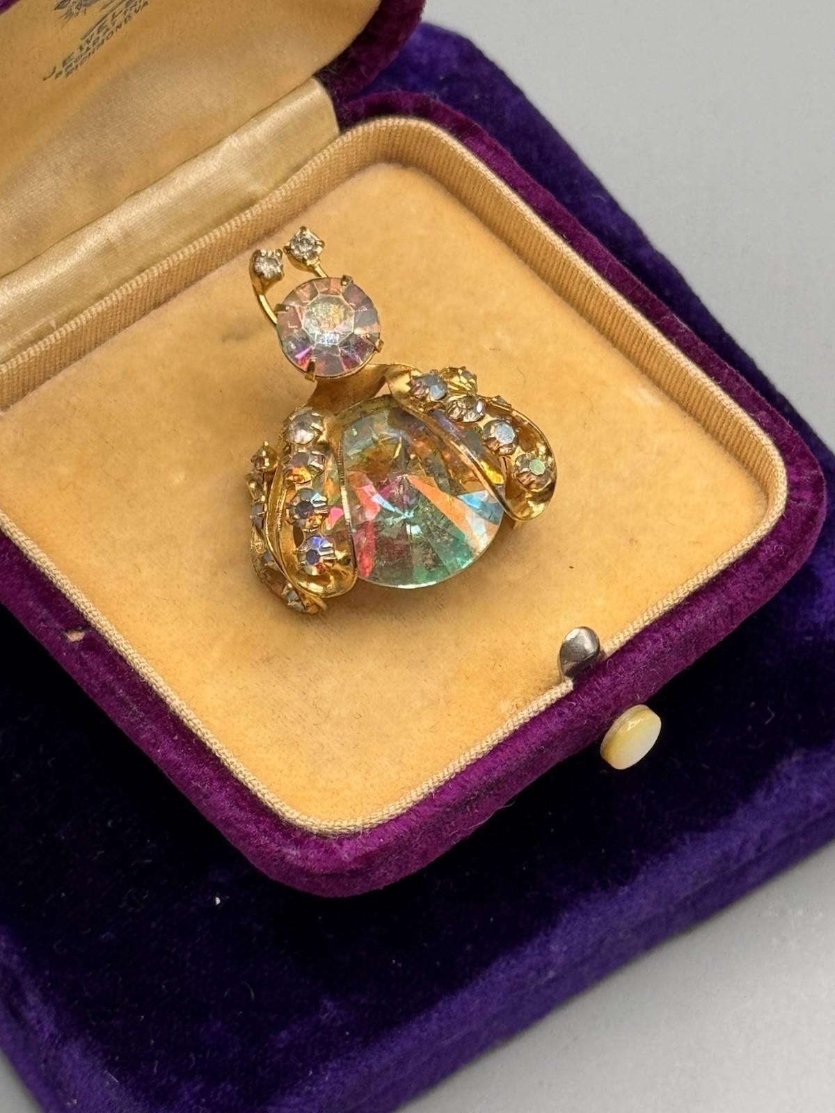 Weiss Bug Brooch Rhinestone AB Crystal Domed Figural Goldtone 1.25”