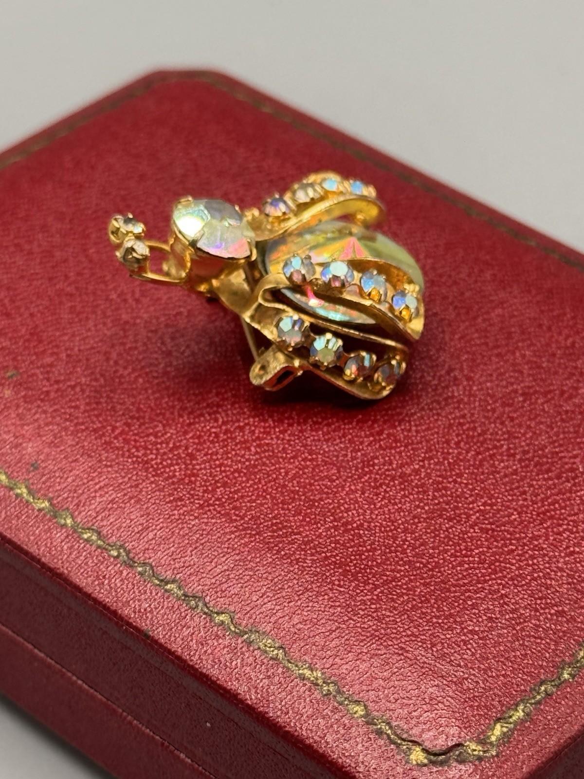 Weiss Bug Brooch Rhinestone AB Crystal Domed Figural Goldtone 1.25”